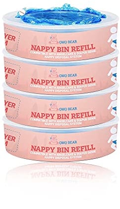 Nappy Bin Refill Cassettes, Compatible with Angelcare Nappy Disposal System - Pack of 4 Cartridges - Advanced Lock smell Tec Liner Bags - OMO BEAR
