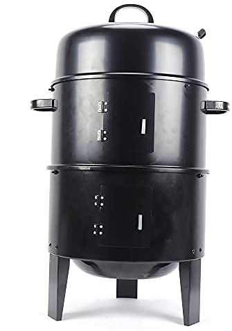 BBQ Räucherofen 3in1 Holzkohlegrill Smoker Räuchertonne mit Thermometer, Rundgrill Räuchertonne Grill,Leichter Transport Räucherofen(40cm Durchmesser,Schwarz)