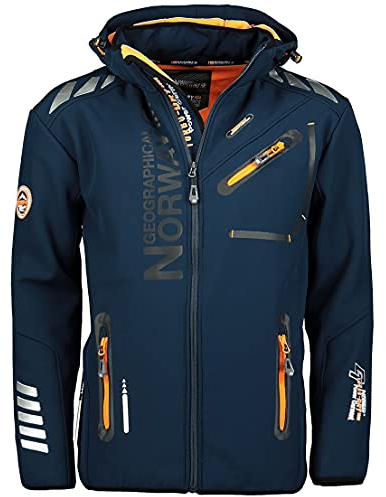 Geographical Norway Royaute Men Distribrands - Veste Softshell Homme Impermeable - Manteau Respirant À Capuche Outdoor - Blouson Coupe Vent Tactique Resistant Hiver (Marine_Orange S)