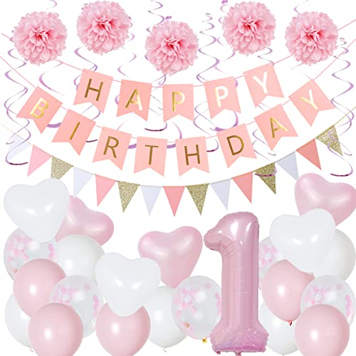SUNBEAUTY Luftballon 1. Geburtstag, Mädchen 1 Jahr Luftballon, Happy Birthday Girlande, Rosa Ballon, Seidenpapier Pompoms, Spirale Deko