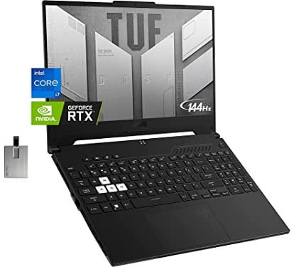 ASUS TUF DASH 15.6 144Hz Gaming Laptop, Intel 12th Core i7-12650H, 16GB DDR5 RAM, 512GB PCIe SSD, NVIDIA GeForce RTX 3070 Graphics, Backlit Keyboard, Win 11 Pro, Black, 32GB USB Card