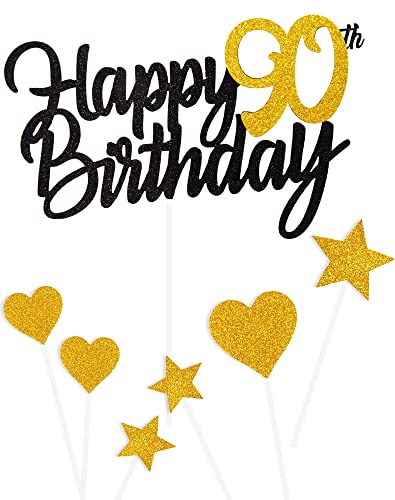 Tortendeko 90 Geburtstag Schwarz Junge Mädchen, 7Stück 90.Kuchendeko Geburtstag Schwarz Gold, Happy 90 Birthday Deko Torte Kuchen Deko Cake Topper für 90 Geburstagstorte Deko Jungen Mädchen Mann Frau
