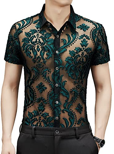 Yonititeee Herren-Hemden, Mesh, durchsichtig, sexy, kurzärmelig, Clubwear, Fischnetz, Spitzenhemd, Cs01, Mittel