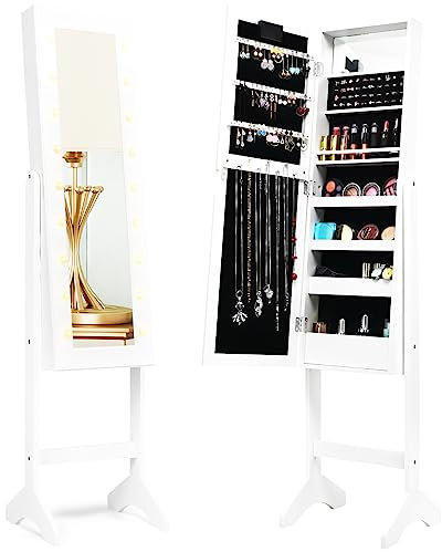 HOMASIS Schmuckschrank mit Ganzkörperspiegel, Spiegel mit LED-Leuchten, Schmuckregal mit großem Stauraum, Schmuckständer für Kette, Ohrringe, Ringe & Kosmetika (Weiß)