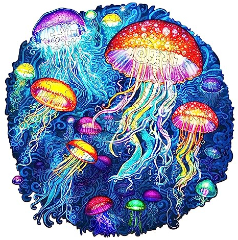 Blumuze Holzpuzzle Erwachsene, Bunte Quallen Holzpuzzle Einzigartige Tierform Puzzleteile, Holz-Puzzle, Puzzle aus Tierteilen, Puzzle Holz Erwachsene mit Geschenkbox aus Holz 170 Stück(M-10.1*9.9in)