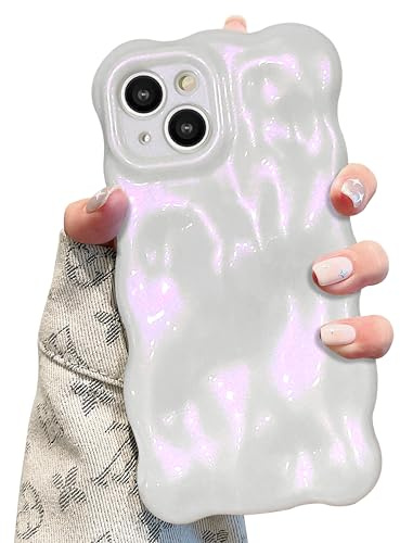 UEEBAI Case for iPhone 15 Plus, Cute Solid Color Curly Wave Shape Shockproof Soft TPU Bumper Phone Case, Candy Color Water Ripple 3D Silicone Slim Pretty Case Non-yellowing Cover, Pearl Pink