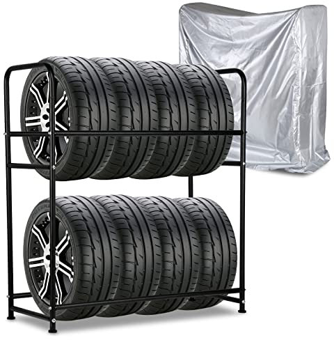 Daromigo Reifenregal 8 Reifen Reifenständer max. 180kg, Reifenhalter 107 x 46 x 117cm, Höhenverstellbare Regale für Autoreifen, Metall Lagerregal Relgenregal für Garage Keller, mit Staubschutzhaube