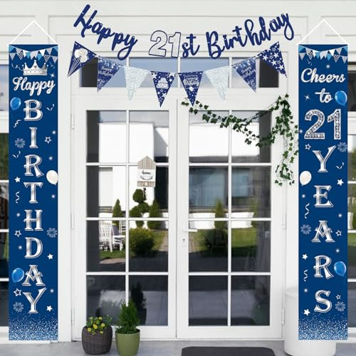 Blue 21st Birthday Decorations for Men and Women - Triangle Flags Bunting Door Porch Sign Banner for Anniversary Party Supplies