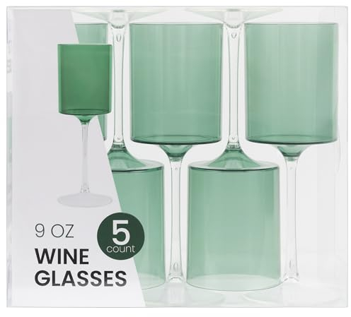PLASTICPRO Paquete de 10 copas de vino de plástico de 9 onzas, dos tonos, elegantes, desechables, con tallo, reutilizables, de plástico duro, para fiestas, bodas, verde y transparente