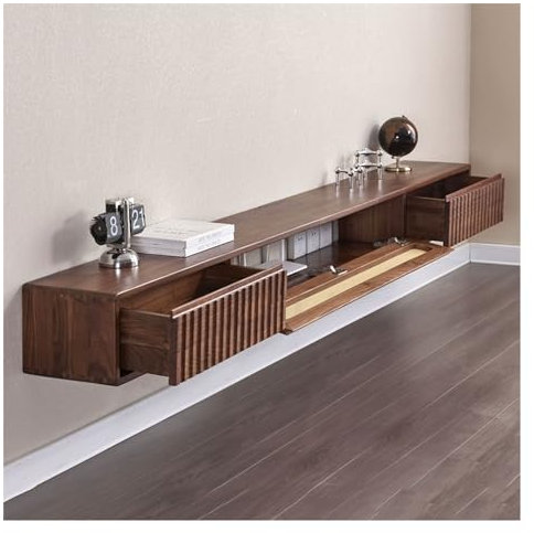 Hängend TV Board Entertainment-Center aus Walnussholz mit Stauraum for Fernseher, TV-Ständer, TV-Schrank, Regal mit 2 Schubladen und Aufbewahrungsschrank for Wohnzimmer, Schlafzimmer, moderne Medienko