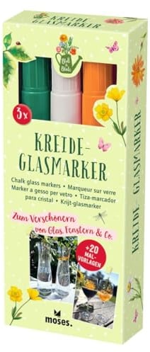 moses. Kreide-Glasmarker im 3er Set, Kreidestifte zum Bemalen von Gläsern, Flaschen, Vasen, Fenstern, Alternative für Weinglas-Anhänger bei Geburtstagsfeiern, Glas-Markierung, Hygienisch & Dekorativ