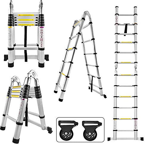 XMTECH Escalera telescópica plegable, multifunción, escalera extensible, escalera multiusos, escalera extensible – 1,9 m + 1,9 m, 12 peldaños, color plateado