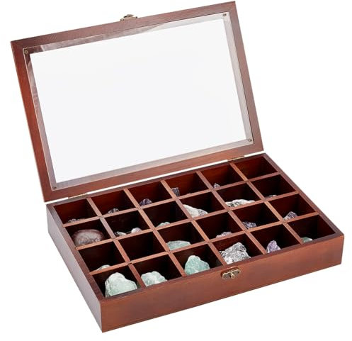 BENECREAT 24 Grid Brown Jewelry Tray Box, Wood Adjustable Display Case Rectangle Organizer Holder with Lid for Seashell, Collectibles, Rock, Festivals Gift Women