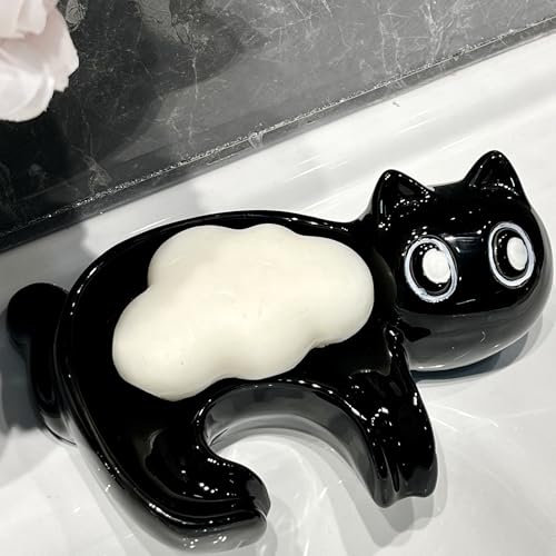 MZSX Keramische Nette Kätzchen Seifenschale, dekorativ Seifenschale für Dusche, Keramik Tablett Halter, seifenschale mit ablauf, für Dusche Badezimmer, Badewanne, Küche Waschbecken(Katze)