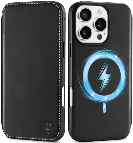 SHIELDON Case for iPhone 16 Pro 6.3 2024, Genuine Leather Wallet Slim Folio [3 Card Slots][RFID Blocking] Shockproof Magnetic Wireless Charging Cover Compatible with iPhone 16 Pro - Retro Black
