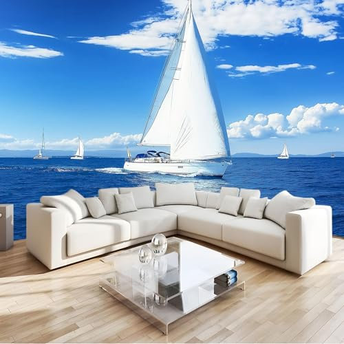 Fototapete Blaue Yacht Mit Meerblick Tapete 250x175 cm 3D Vlies Wanddeko Wallpaper Wandtapete Dekoration Study Zimmer Wohnzimmer Restaurant Cafe