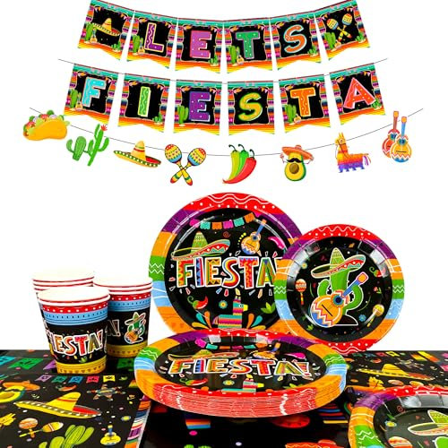 Mexican Party Decorations Supplies - Serves 20 Cinco De Mayo Plates and Napkins Sets Includes Cinco De Mayo Plates Napkins Cups and Mexian Fiesta Banner Bunting etc Fiesta Party Decor.