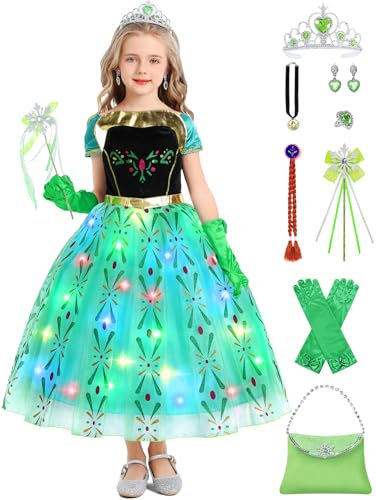 Anna Kostüm Mädchen Kinder Prinzessin Anna Kostüm Kleid mit Licht Märchen Cosplay Outfit Faschingskostüm für Karneval Geburtstagsfeiern mit Krone Handschuhe FR066S