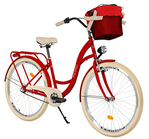 MILORD Damenfahrrad Citybike Komfort Mit Metallkorb Hollandrad Vintage Fahrrad, 26, 28 Zoll, 3-Gang (Rot, 28 Zoll)