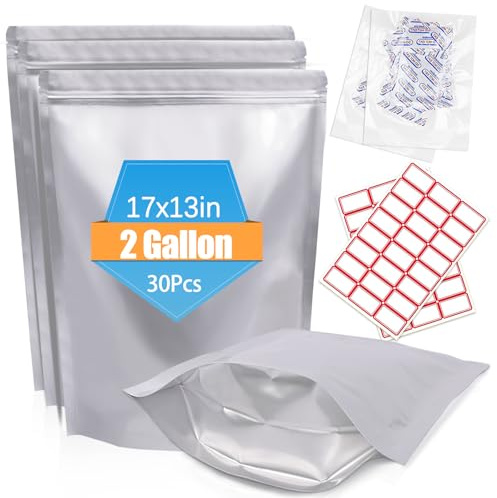 NexLevVac 30PCS 2Gallon 17X13 Mylar Bags for Food Storage with Oxygen Absorbers&Lables,10 Mil Thick Resealable Stand-Up Zipper&Heat Sealable Bags for Long Term Food Storage,Dried Food