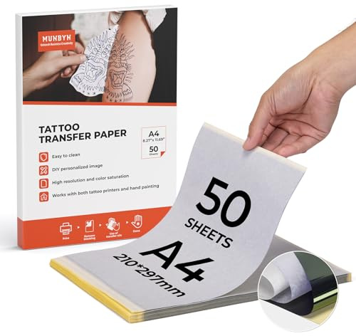 MUNBYN 50 Blatt Tattoo Transferpapier A4 Stencil Papier Tattoo Papier für Tattoo Drucker Tattoo Zubehör für Stencil Drucker