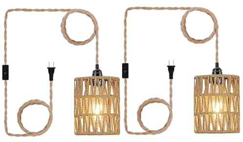 EcoGehen 2X Boho Plug in Pendant Light, Hanging Light with Plug in Cord Ceiling Lamp Rattan Cylinder Lamp Shade On-Off Switch Hanging Plant Shelf Shelves Bohemian Decor for Bedroom Living Room Corner