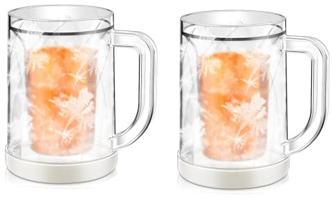 Xzyden 2Pcs Double-Layer Quick-Chill Tumbler Cups for Iced Drinks, Freezer Beer Ice Cups,Freezer Drinking Cups,Clear Plastic Beer Mugs with Handle,Transparent,800ml,10.4x14x14.7cm