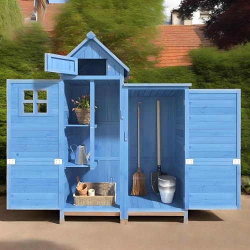 LANTRO JS Gartenhaus Holz Kleinschuppen mit 2 Werkzeugwannen und 2 Türen Aufbewahrungsschrank Gartengerätehaus mit Lüftungsfenstern,Blau