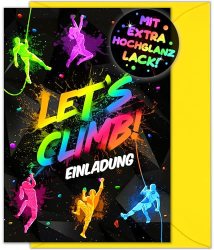 VULAVA 12x Klettern EINLADUNGSKARTEN KINDERGEBURTSTAG Junge Mädchen + 12x Umschläge - die Boulder PARTY Karten sind die Bouldern EINLADUNG für Jungen Kinder KLETTERGEBURTSTAG Einladung KLETTERHALLE
