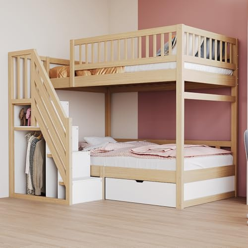 WIZBED Kinderbett Etagenbett 90 x 200 mit Kleiderschrank, Treppe, und Schubladen, Holzbett mit rausfallschutz, Stockbett Funktionsbett,ohne Matratze,Holzfarbe