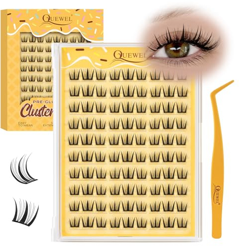 QUEWEL Pre-Glued-Cluster-Lashes Kit, D Curve Pre Glued Eyelashes, Strong Hold 9-12MM No Glue Needed Self Adhesive Eyelashes with Applicator (BP-03)