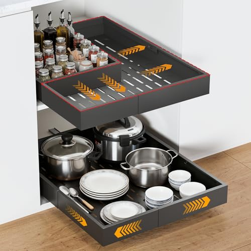 Frost IX 2 Pack Pull Out Cabinet Organiser, Width (27-45cm)/ Depth (34-59cm) Expandable With 3 Rails, No Drill Slide Out Drawer, Metal Adjustable Cupboard Organiser, Drawer Storage For Kitchen Pantry