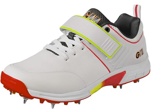 GM | Rival Plus Steel Spike Cricket Shoes | Premium Lightweight Breathable Microfibre Upper | Arch Support Grip Comfort & Reduce Fatigue | Moulded Pimples | Size UK 10 EU 44.5 | White Red & Fluro
