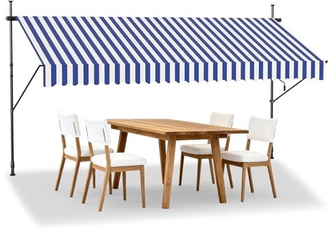 LZQ Klemmmarkise Balkon, Markise Einziehbar Manuell, Handkurbel, höhenverstellbar, UV-beständig, ohne Bohren, 100% Polyester, Blau-weiße, 350x120cm