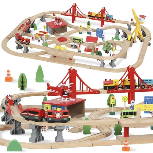AIYAPLAY Wooden Train Set, 133 Piece Train Track for Kids, Boys and Girls Ages 3+ Years Old, Wooden Magnetic Railway Toys with Crane, Storage Box
