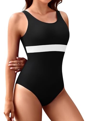 FemiChic Costume Intero da Bagno Donna Sportivo con Coppe Addominali Contenitivo Resistenza al Cloro per Sport Acquatici Moda Spiaggia(Bianco Nero,L)