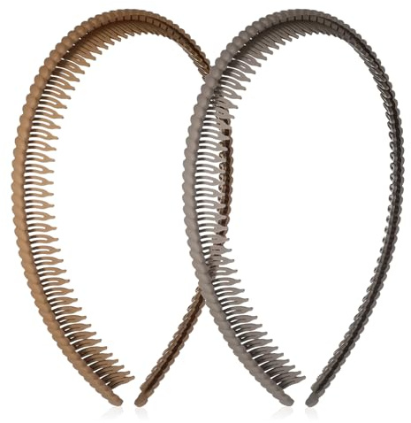 LIQWEI 2 Stück Kunststoff Haarband, Frauen Stirnbänder Nicht Rutschen | Stirnbänder mit Zähnen Dünne Sportmode Haarband Make Up Haarreif für Damen Mädchen(Braun + Khaki)