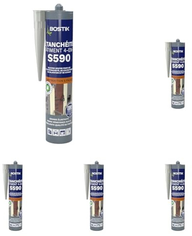 Bostik S590 – Mastic d'Étanchéité Bâtiment 4 en 1 – Intérieur et Extérieur – Joints De Calfeutrement, Dilatation, Façade Et Vitrage – Couleur : Gris – Cartouche 300 ml (Lot de 5)