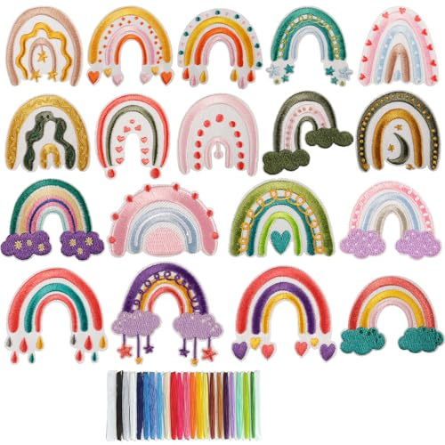 LUKIUP 18 Stück Regenbogen Aufnäher Aufbügler, Regenbogen Bügelbild und 21 Farben Nähgarn, Für Kleidung Jeans Jacken Handtaschen Schuhe DIY-Aufnäher Kleidung Reparieren Sie das Loch