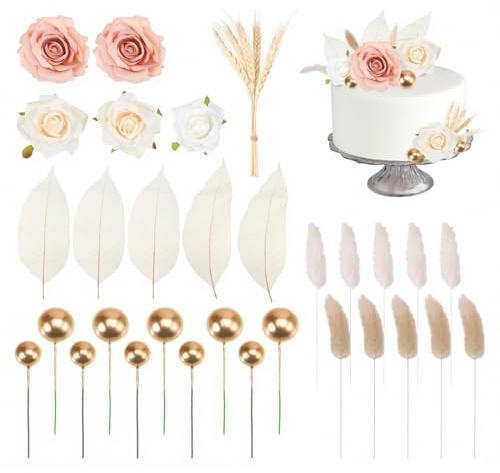 KAHZOR 35 Pièces Décoration de Gâteau Boho pour Anniversaire et Mariage, Boules Dorées, Perle Gâteau, Deco, Cake Topper Artificiel Réutilisable, Fleurs Artificielles pour Fille et Femme