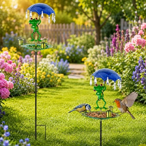 Comedero para Pájaros de Metal con Rana Decorativa – Estación de Alimentación con Soporte y Piqueta, Comedero Exterior Resistente a la Intemperie para Jardín, Terraza y Aves Silvestres (Rana)
