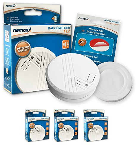 3X Nemaxx FL2 Rauchmelder - hochwertiger Rauchwarnmelder nach EN 14604 mit sensibler fotoelektrischer Technologie + 3X Nemaxx NX1 Befestigungspad
