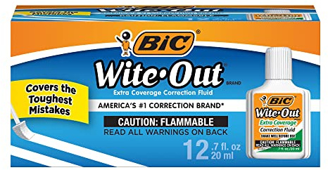 BIC Wite Out Extra Coverage Correction Fluid, 20 mL, White, Covers The Toughest Mistakes, 12-Count Pack