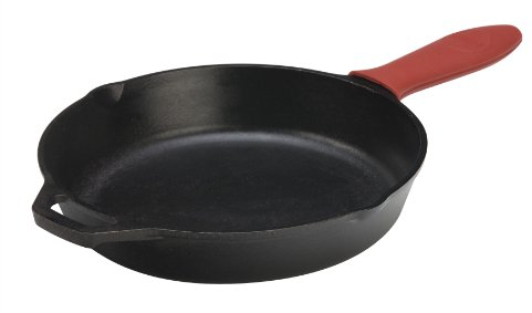 Lodge 30.48 cm/12 inch Pre-Seasoned Cast Iron Round Skillet/Frying Pan & Classic Silicone Hot Handle Holder, Red