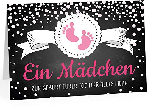 Große Design Glückwunsch-Karte XXL (A4) zur Geburt, Motiv: Tafel-Look modern - Fußabdrücke Mädchen Rosa/mit Umschlag/Edle Klappkarte/Maxi Gruß-Karte/Baby geboren/Gratulation Eltern