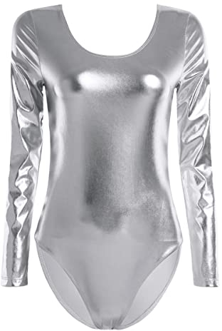 iEFiEL Damen Ballettanzug Langarm Body Gymnastikanzug Wetlook Ballett Trikot Einteiler Body Bodysuit (S, Silber)
