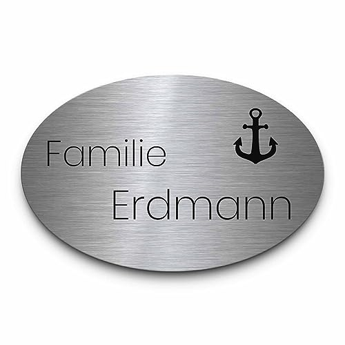 Ovales Edelstahl Tür Schild mit Anker & vielen anderen Motiven | Namensschilder Briefkastenschilder selbstklebend oder mit Bohrlöchern | Klingelschild mit Gravur | Türschilder für die Haustür