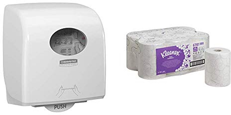 Kleenex Ultra Slimroll Rollenpapiertücher 6781 – 2-lagige Rollenhandtücher & Aquarius Slimroll Papierhandtücher Rollenspender 7955 – 1 x Papiertuchspender, weiß