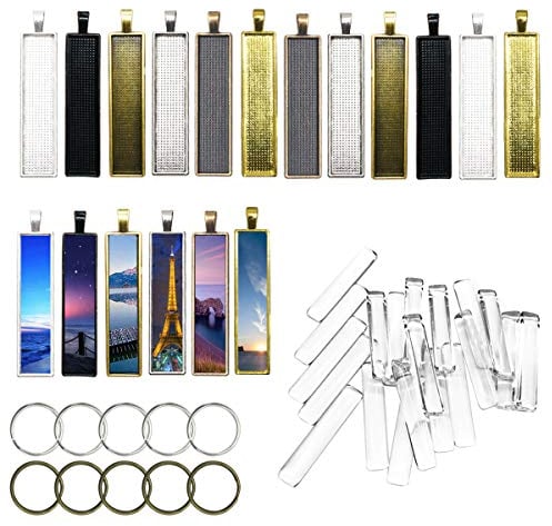Allazone 18 PCS 6 Color Rectangle Pendant Tray with 18 PCS Glass Cabochons Rectangle Bezel, 10 PCS Key Ring for Jewelry Making for Making Photo, Crafting DIY Gif