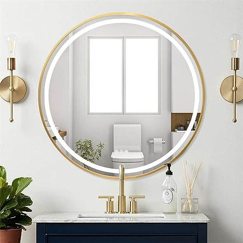 LUVODI Badspiegel rund mit Beleuchtung 60cm Badezimmerspiegel Anti-Beschlag hängend Dekorative Wandspiegel Gold, 3 Lichtfarbe Einstellbare, IP67